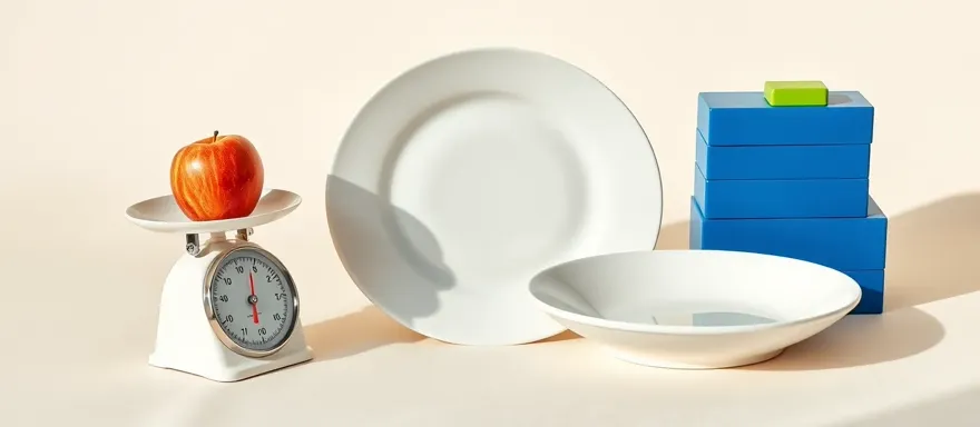 Kitchen scale weighing an apple beside empty plates and an ascending stack of cobalt energy blocks