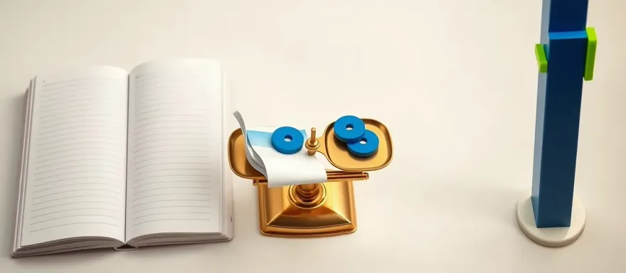 Open ruled ledger, a brass balance weighing an exam paper against cobalt weight discs, and a marked target column