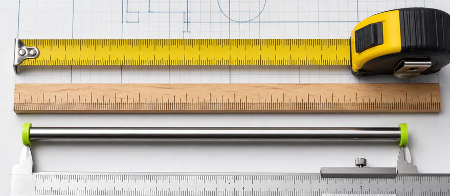 Tape measure, wood ruler, and caliper aligned to the same physical length
