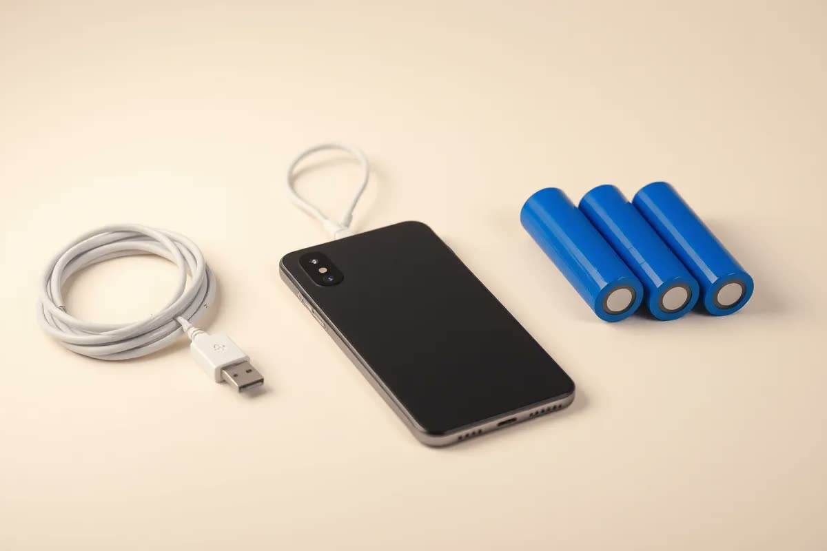 Smartphone beside a coiled charging cable and cobalt battery cells arranged as a technical still life